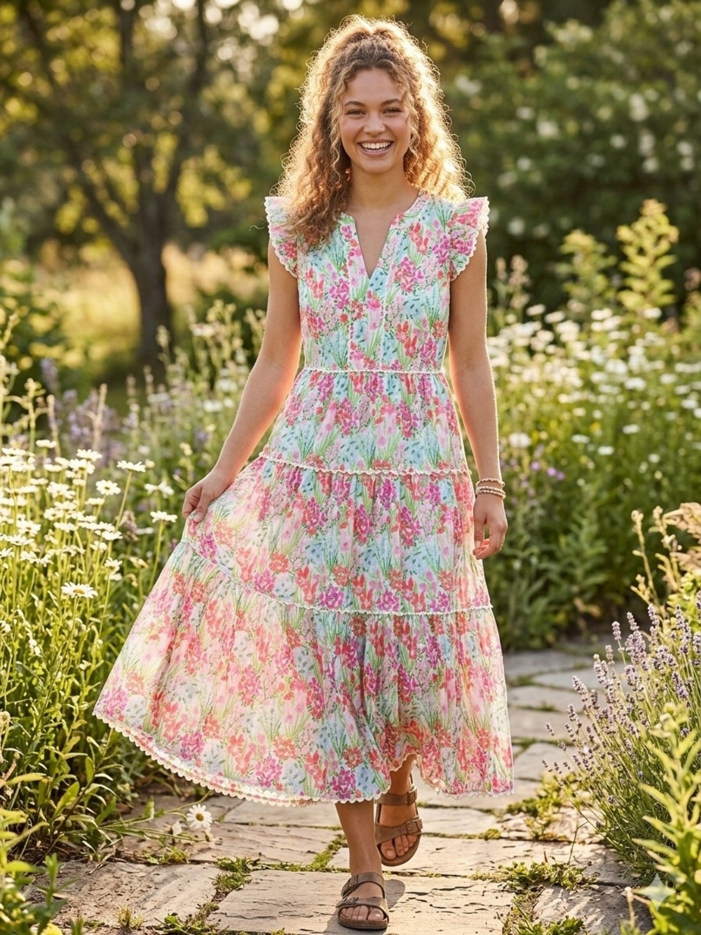 Flutter-Sleeve Floral Maxi Dress in Pink & Mint